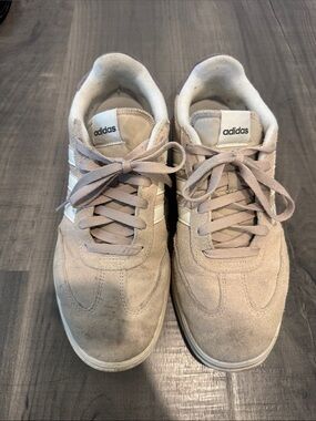 adidas Men’s Beige Suede Sneakers with White Stripes